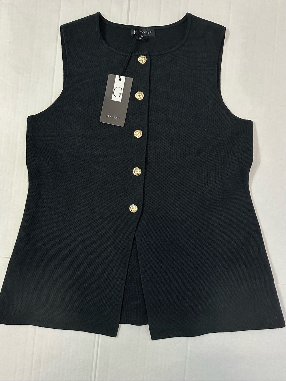 Grezte Black Sleeveless Button-Front Knit Vest with Gold Buttons, size medium
